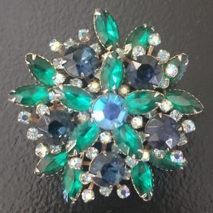 Vintage Blue & Green Rhinestone Brooch